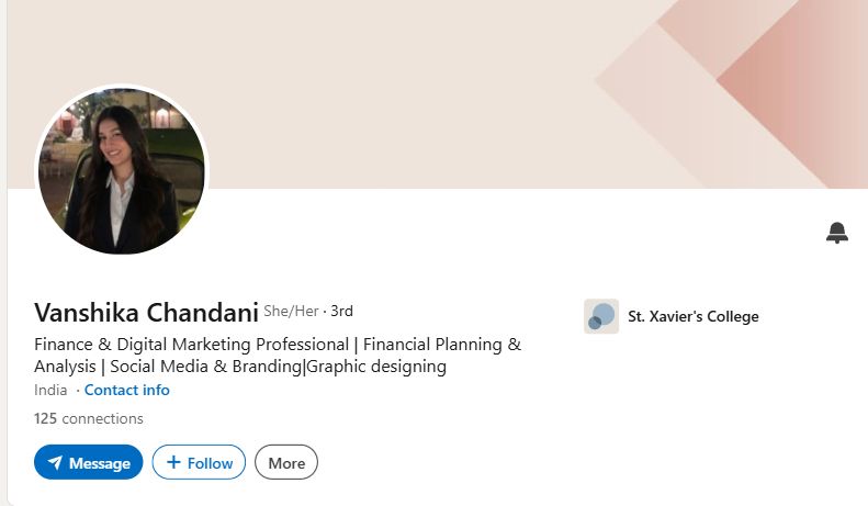 Vanshika Chandani’s LinkedIn profile, showing her Finance and Digital Marketing headline.