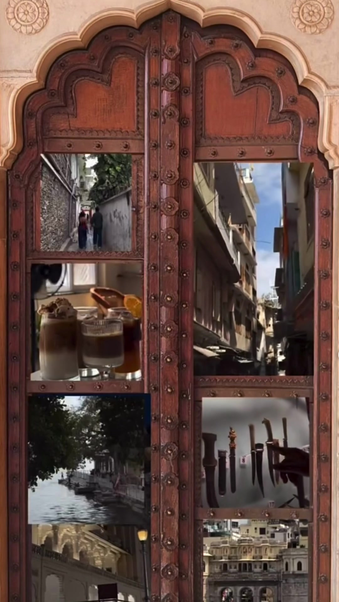 Udaipur scenes arranged inside an ornate wooden doorway.