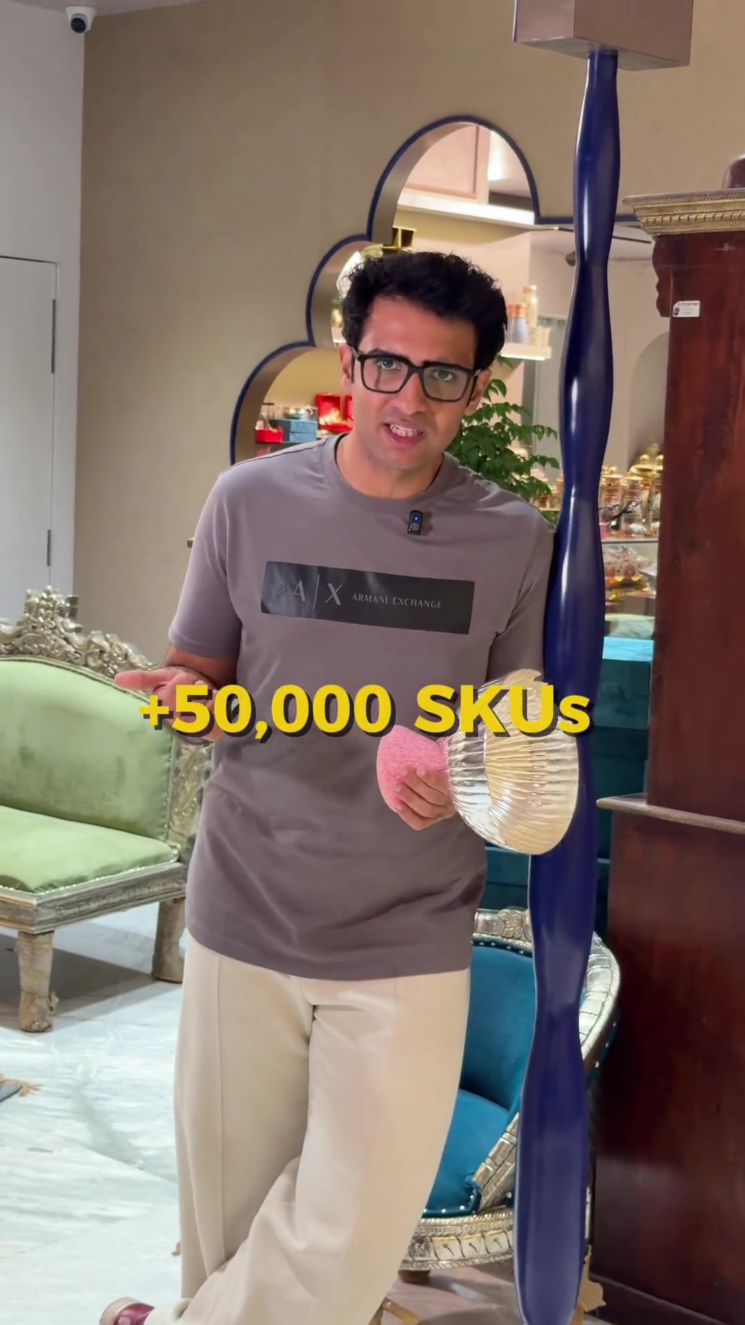 Showroom presenter with illustrated business captions.